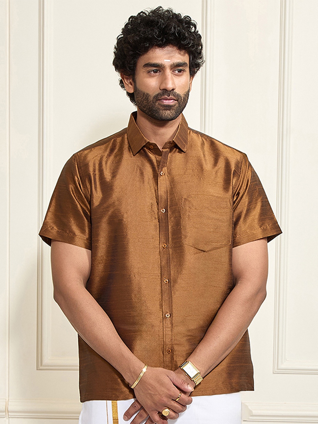 

VASTRAMAY Premium Spread Collar Silk Shirt, Brown