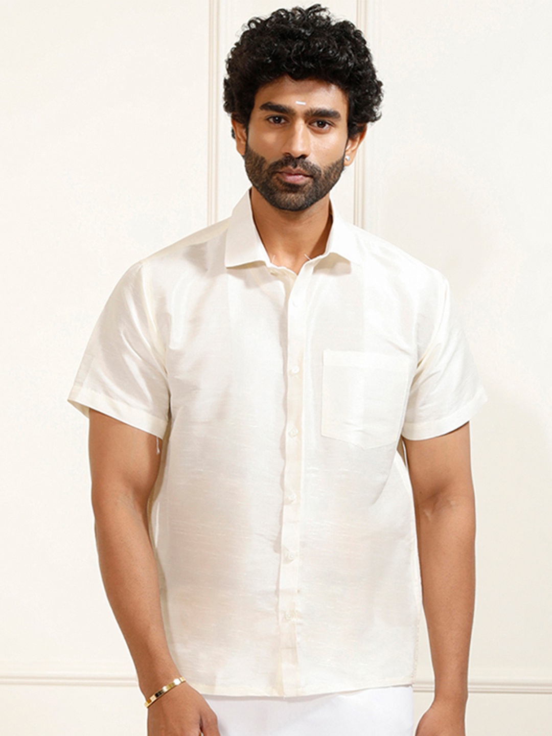 

VASTRAMAY Premium Spread Collar Silk Shirt, White