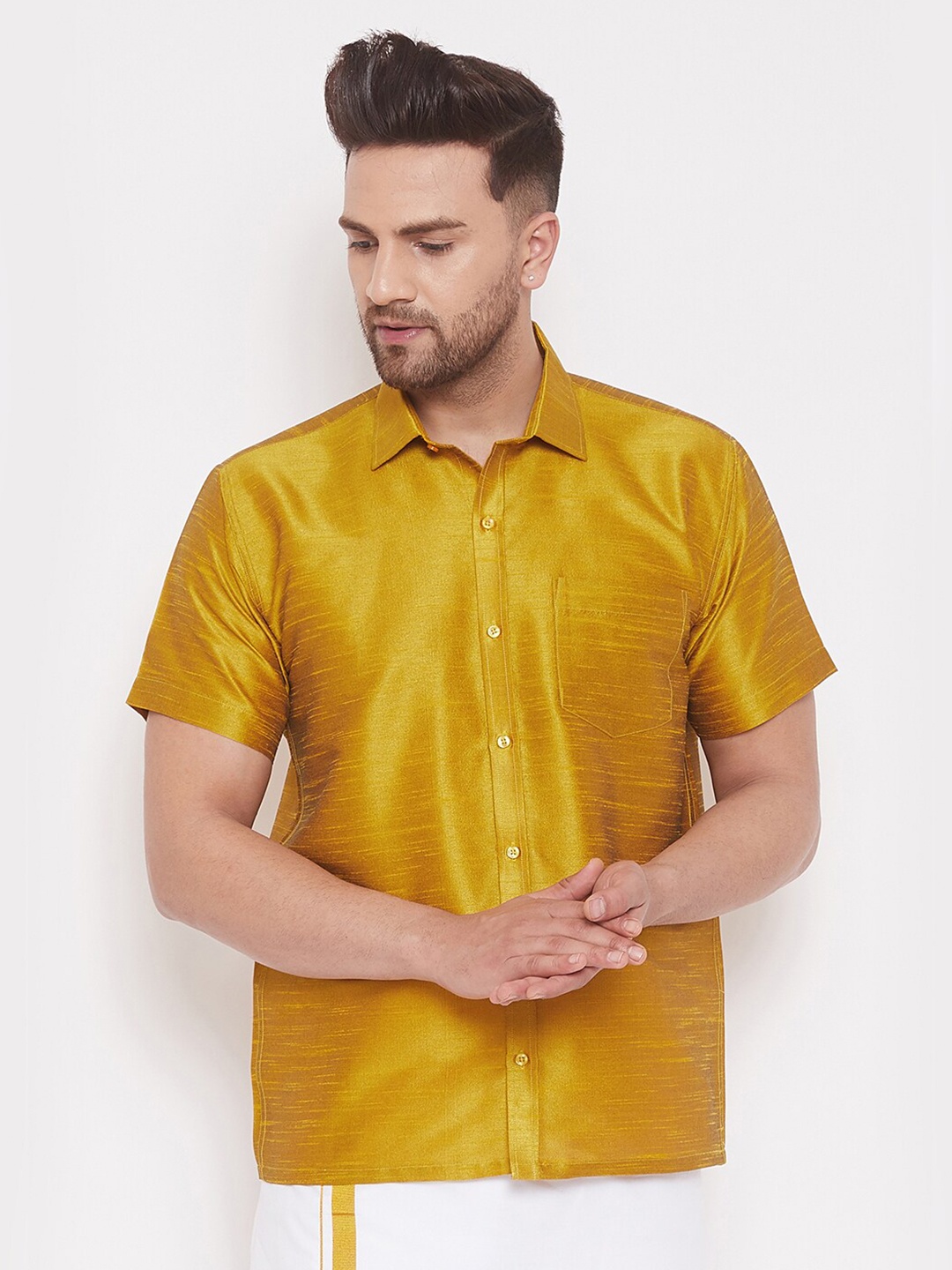 

VASTRAMAY Premium Spread Collar Silk Shirt, Mustard