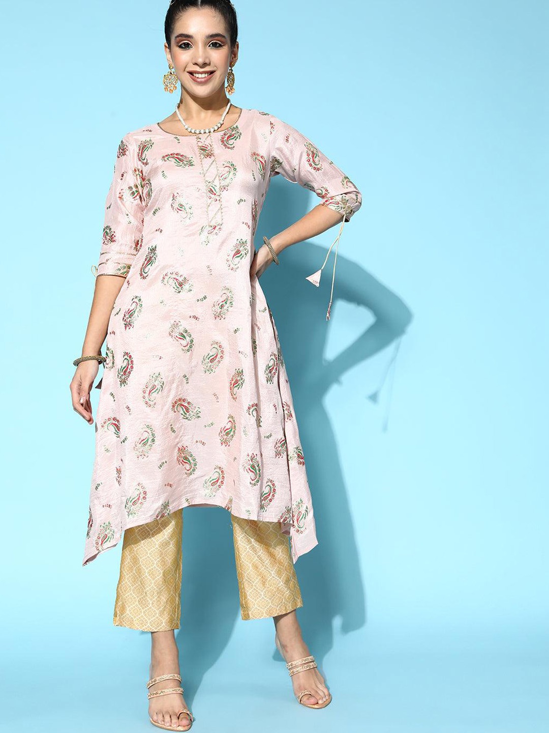 

Libas Pink & Red Asymmetric Ethnic Motifs Printed Gotta Patti A-Line Silk Kurta