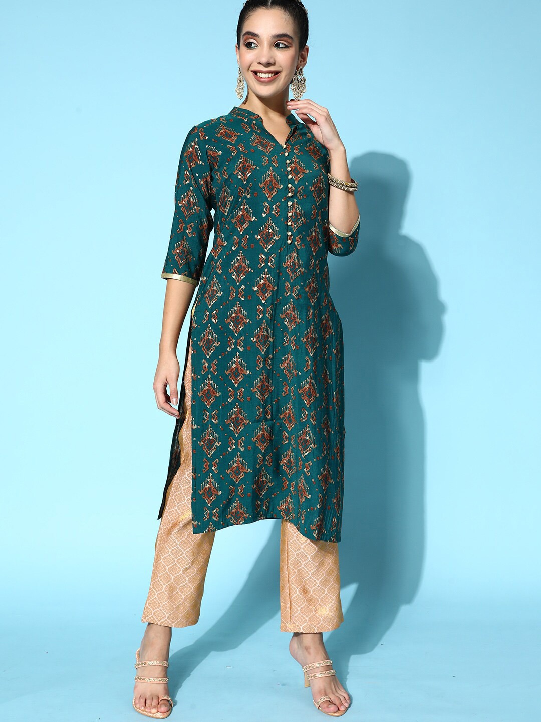 

Libas Ethnic Motif Printed Mandarin Collar Kurta, Teal