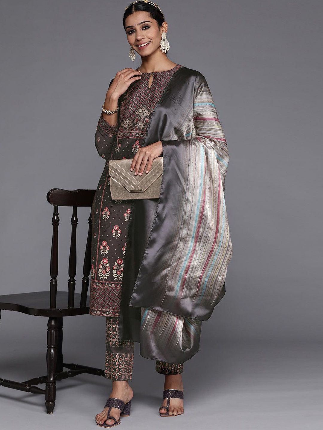 

Libas Charcoal & Cream Coloured Floral Printed Keyhole Neck Kurta With Trousers & Dupatta