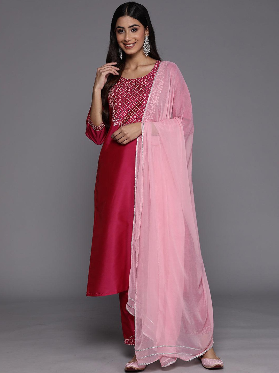 

Libas Pink & White Floral Yoke Design Mirror Work Kurta With Trousers & Dupatta