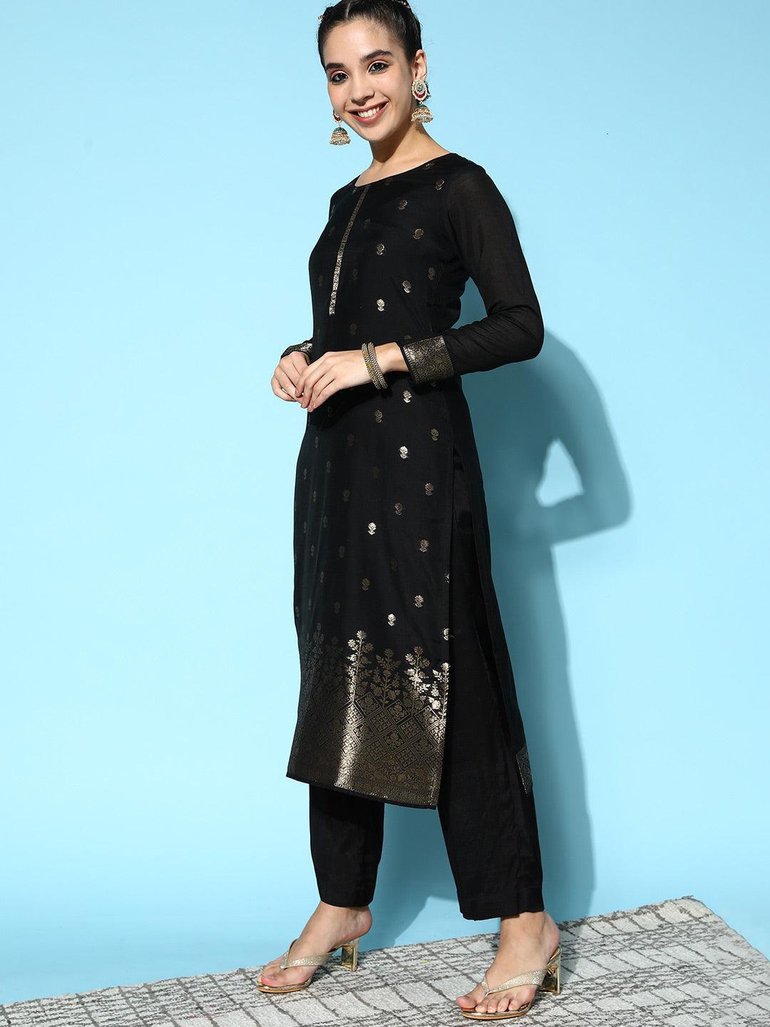 

Libas Black & Gold Floral Woven Design Kurta With Trousers & Dupatta