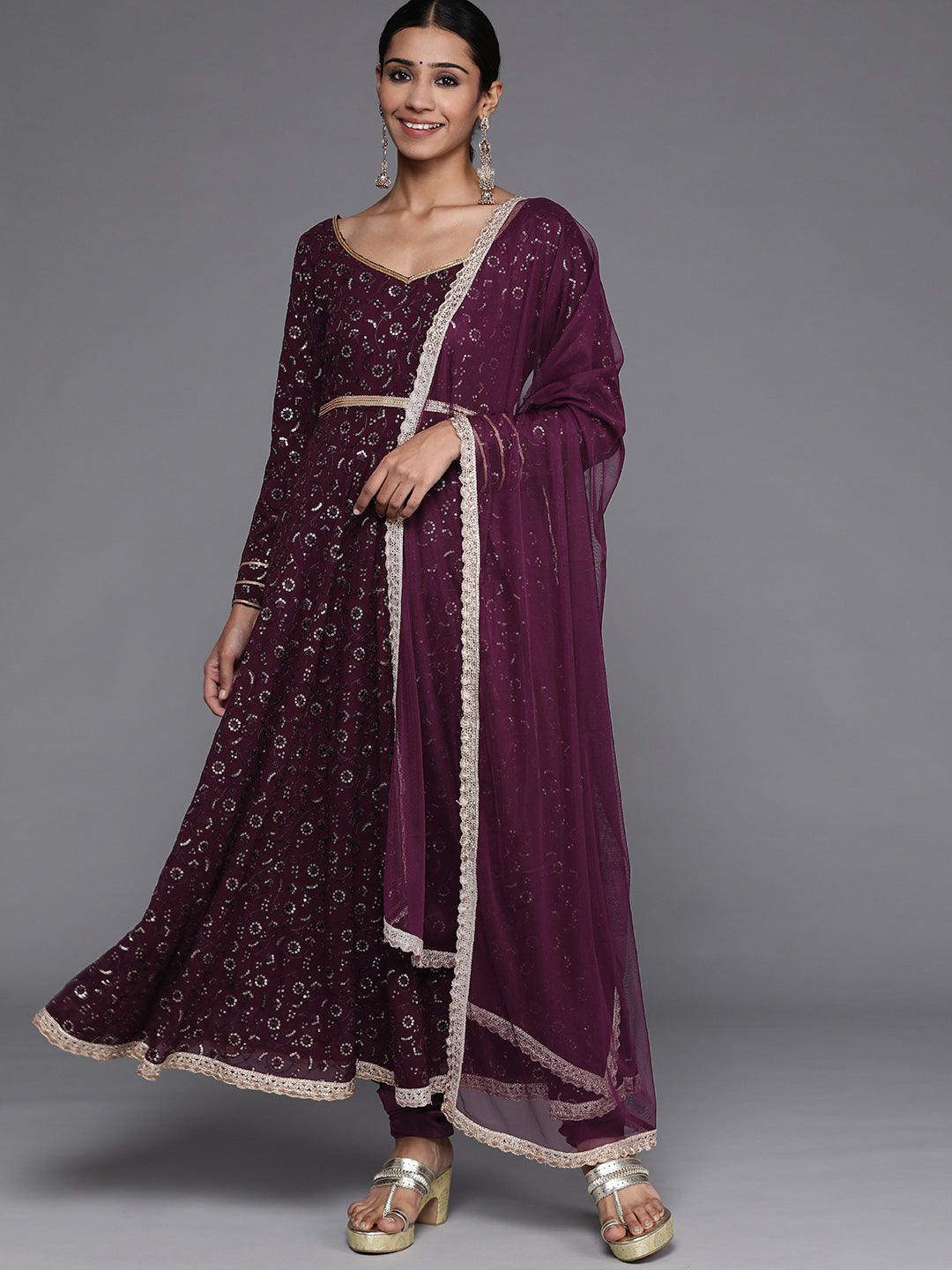 

Libas Purple & Gold Embroidered V Neck Sequinned Anarkali Kurta With Churidar & Dupatta