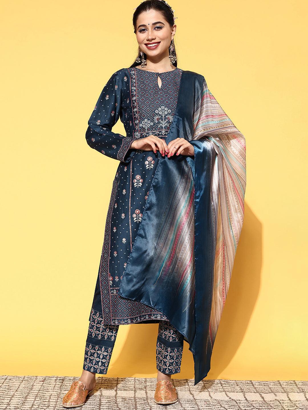 

Libas Teal Blue Floral Printed Keyhole Neck Kurta With Trousers & Dupatta