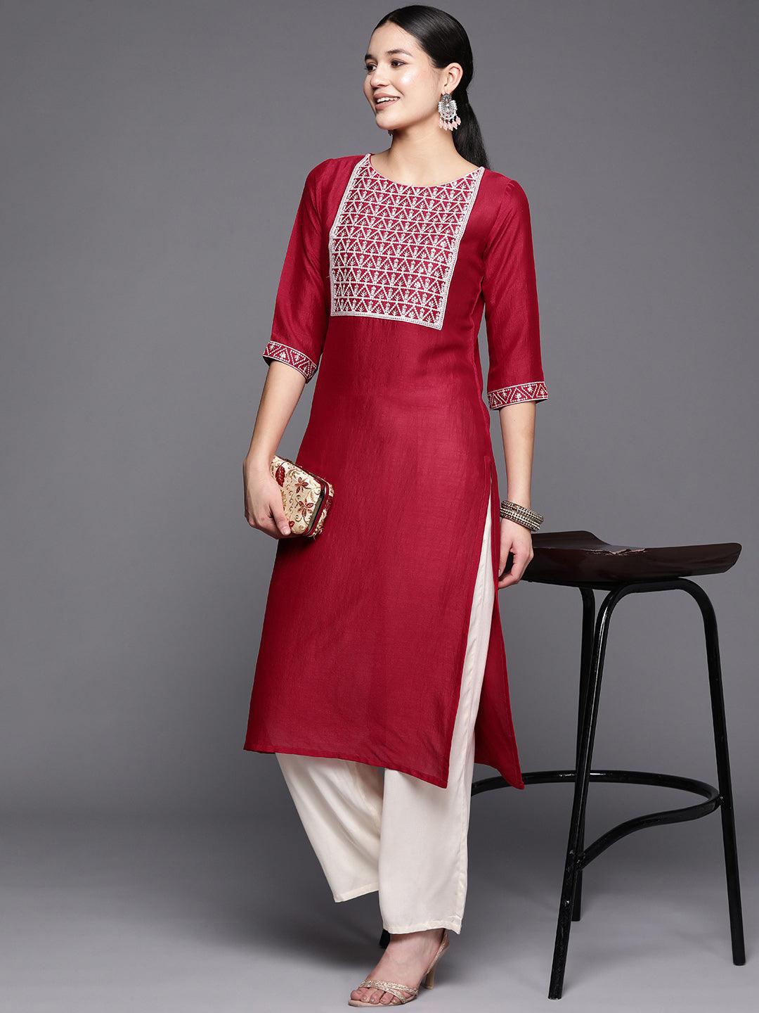 

Libas Ethnic Motifs Yoke Design Sequined Thread Work Kurta, Red