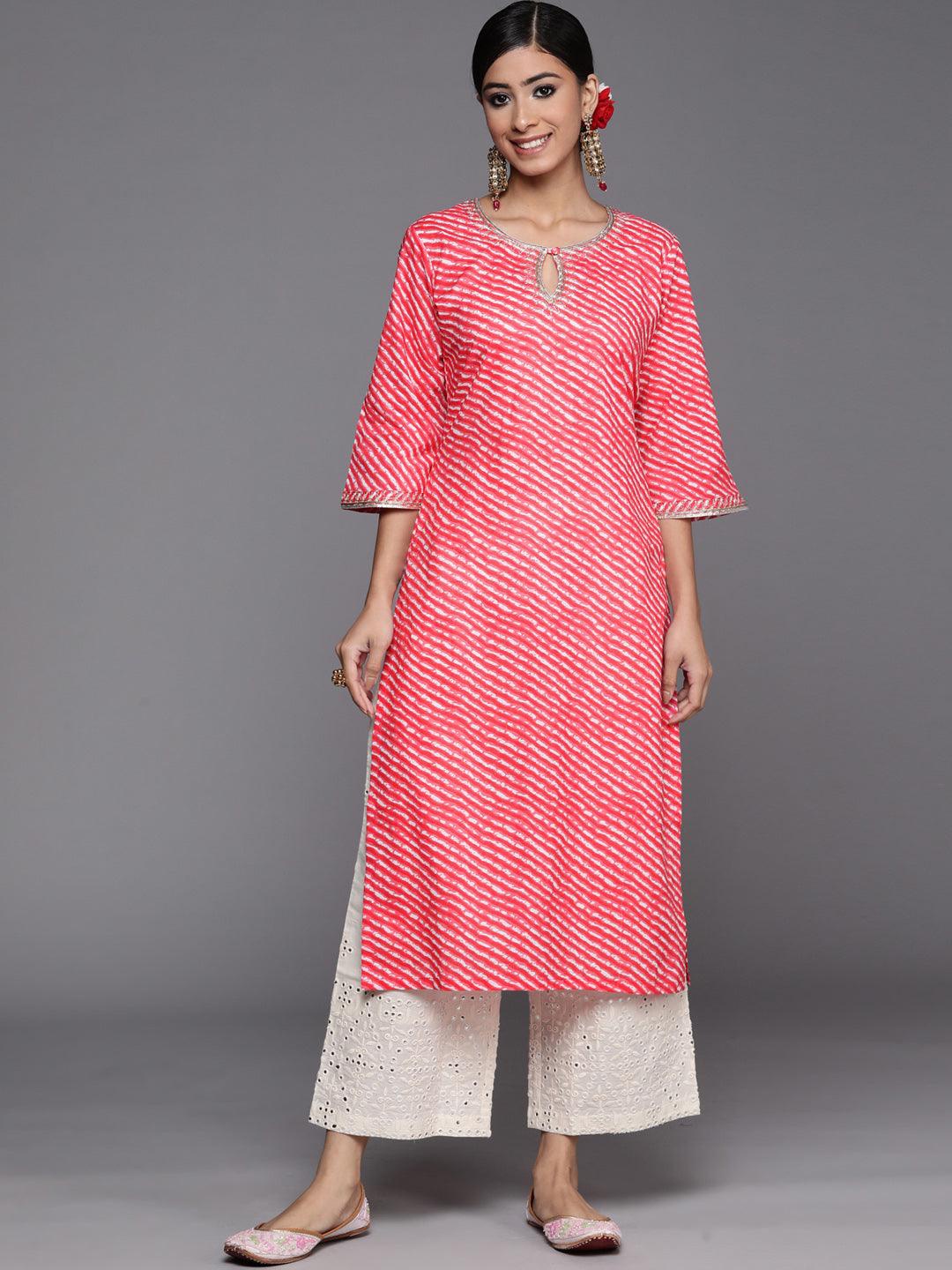 

Libas Striped Keyhole Neck Gotta Patti Pure Cotton Kurta, Pink