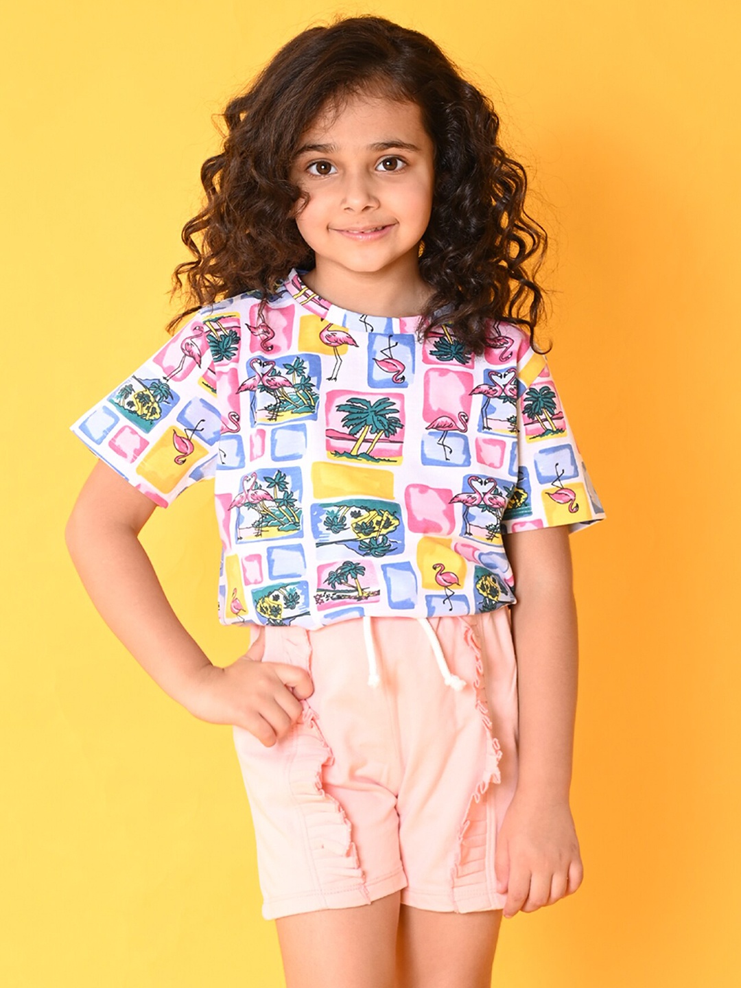 

Anthrilo Girls Printed T-shirt with Short Set, White