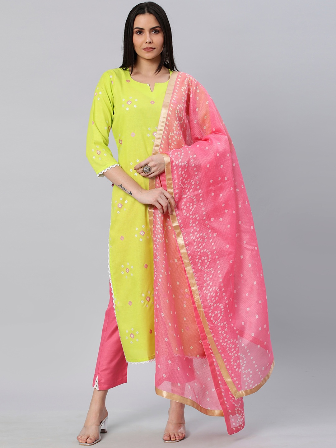 

KALINI Bandhani Printed Lace Detail Kurta with Trousers & Dupatta, Lime green