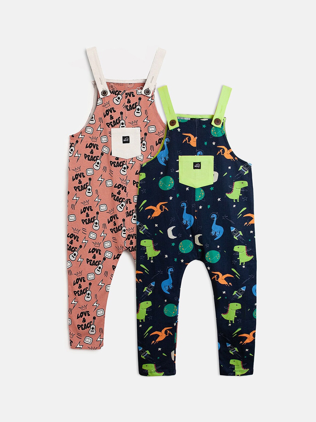 

Whistle & Hops Kids Pack Of 2 Printed Straight Leg Pure Cotton Dungaree, Navy blue