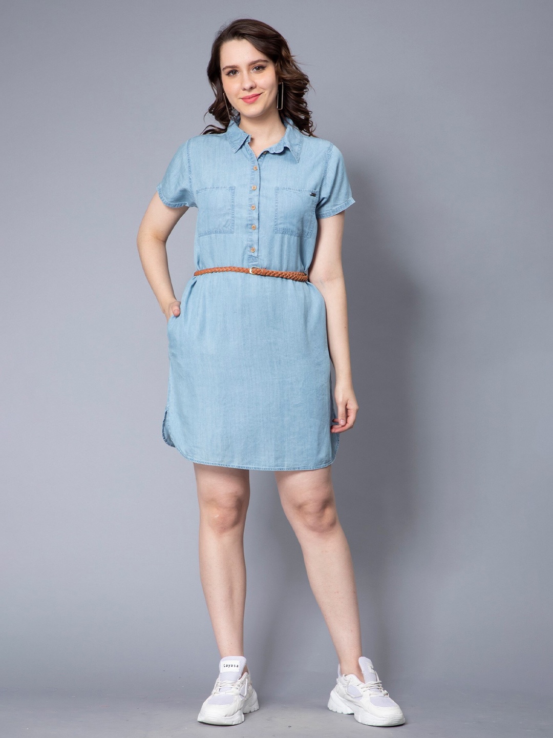 

NUEVOSDAMAS Shirt Collar Denim Shirt Dress, Blue