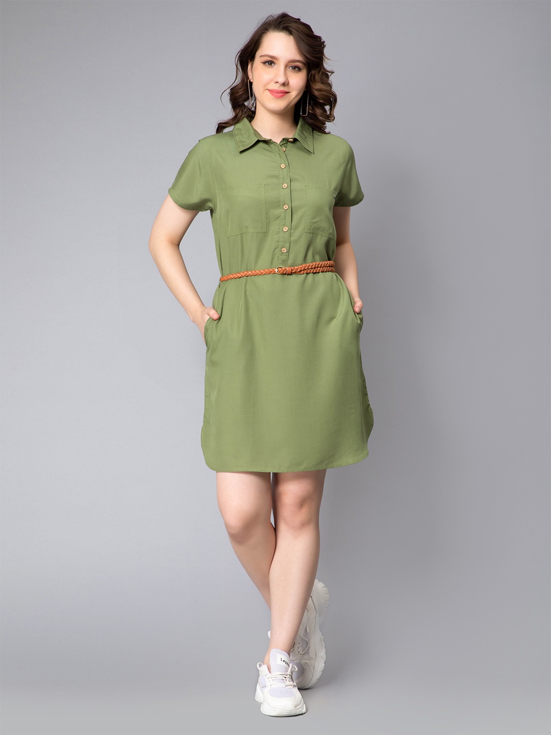 

NUEVOSDAMAS Shirt Collar Belted Denim Shirt Dress, Green