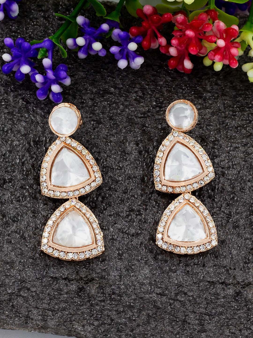 

PRIVIU Rose Gold Plated Teardrop Shaped American Diamond Drop Earrings