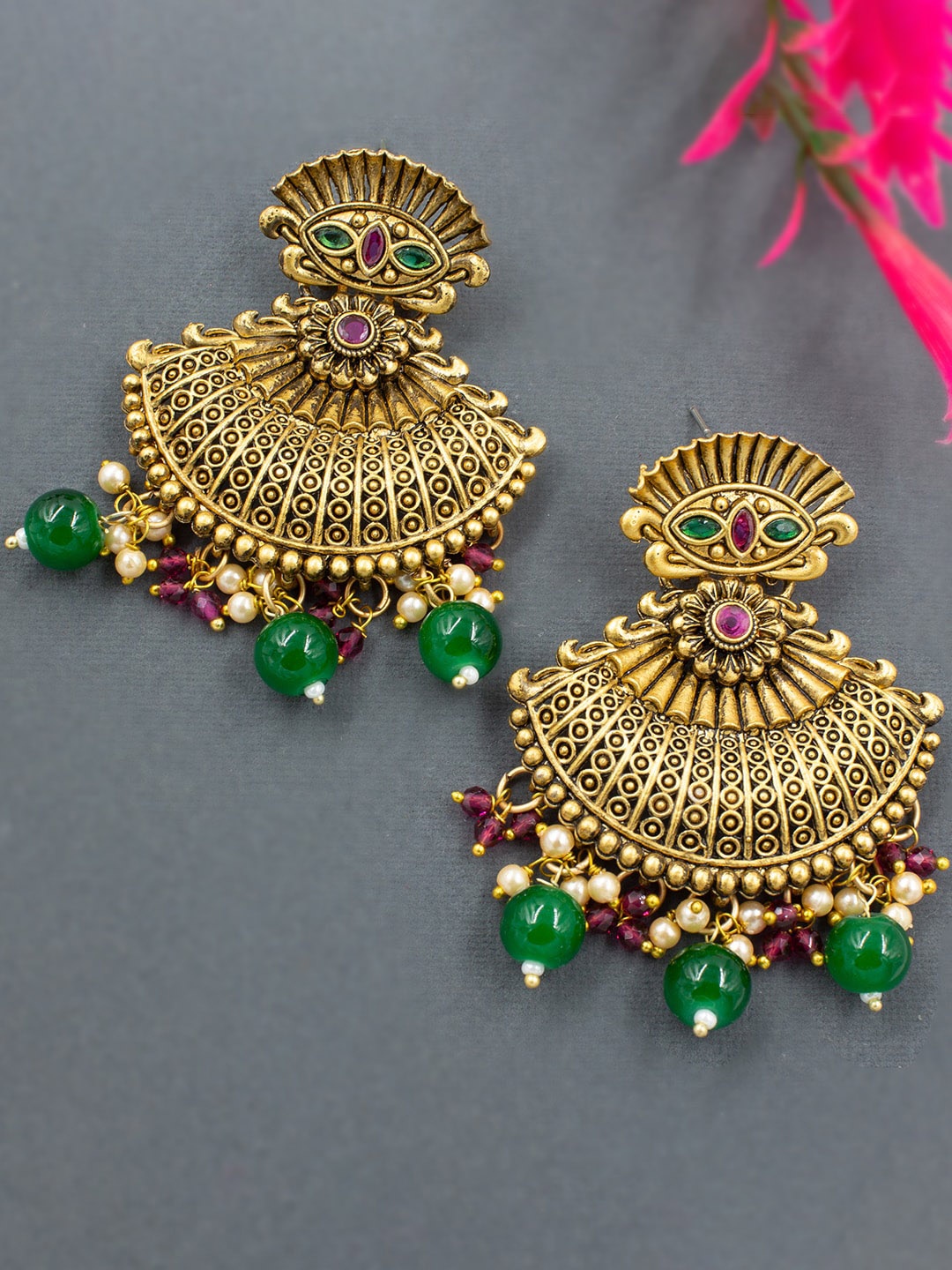

PRIVIU Gold-Plated Crescent Shaped Beaded Drop Earrings