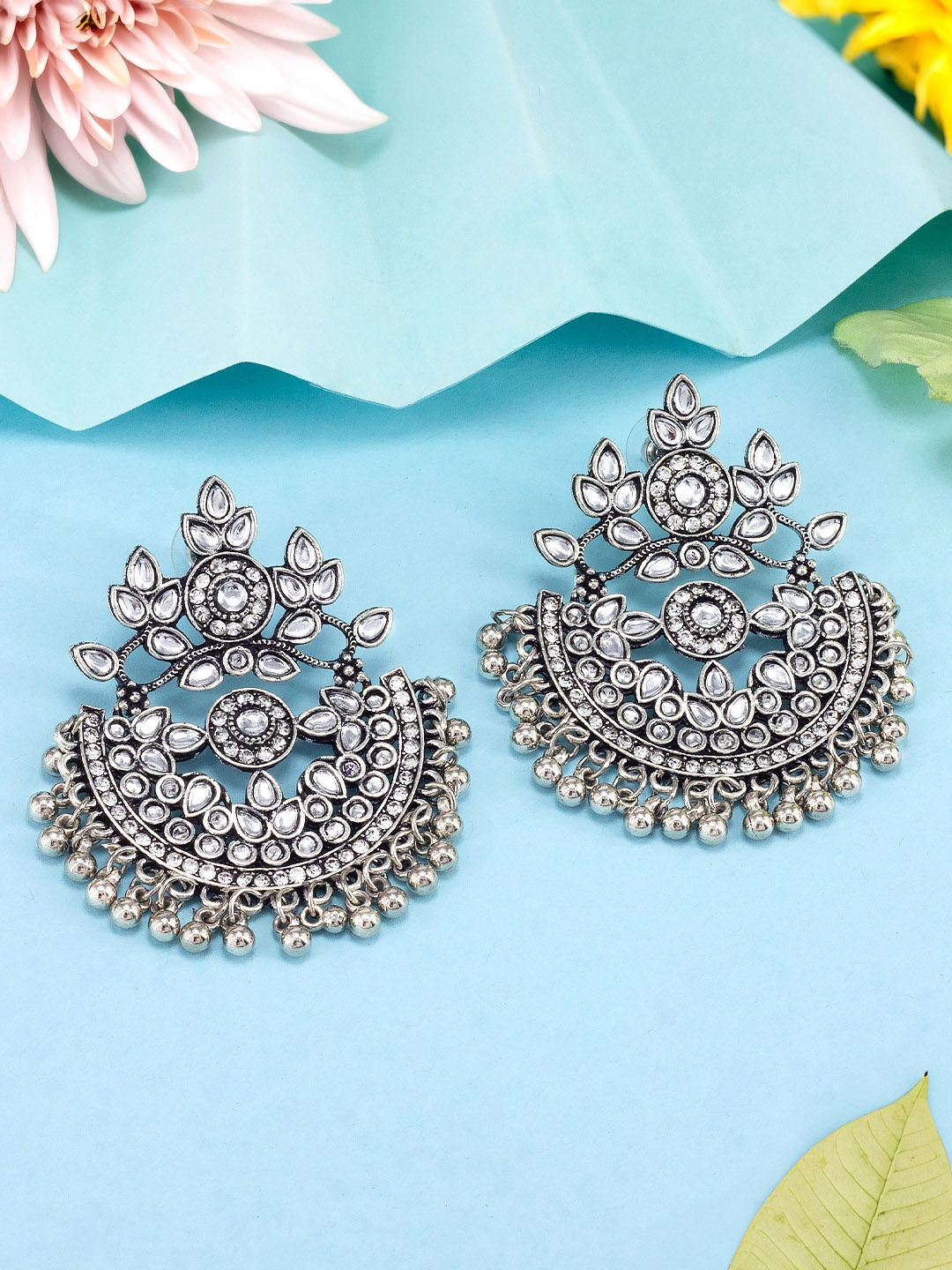 

PRIVIU Silver-Plated Crescent Shaped Kundan Studded Drop Earrings