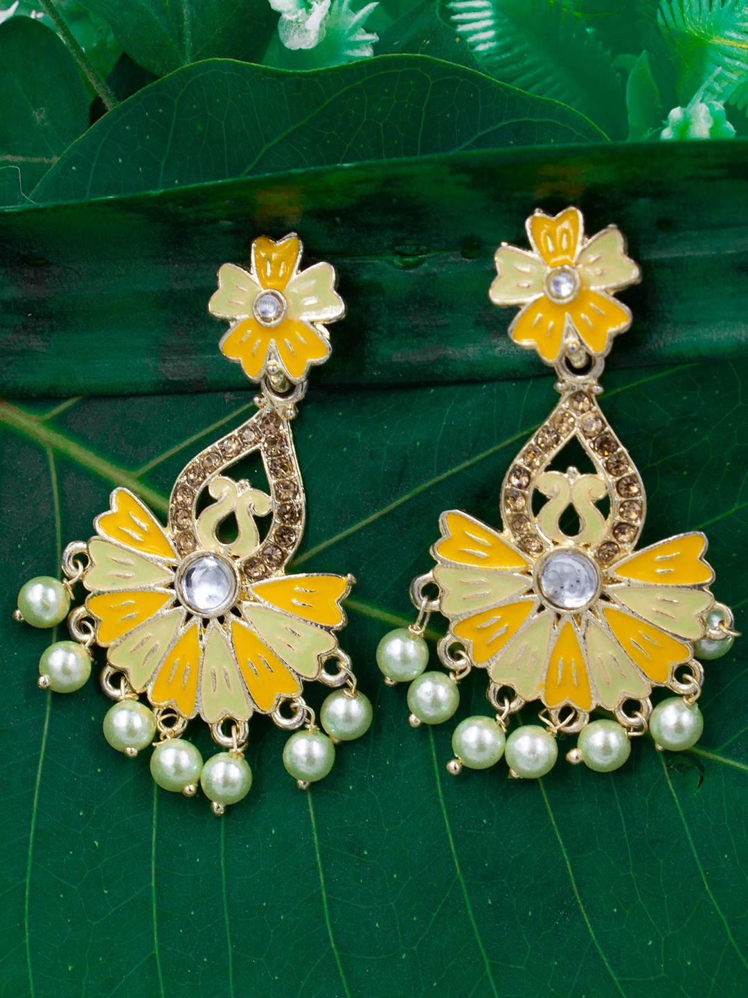 

PRIVIU Gold-Plated Floral Meenakari Beaded Drop Earrings