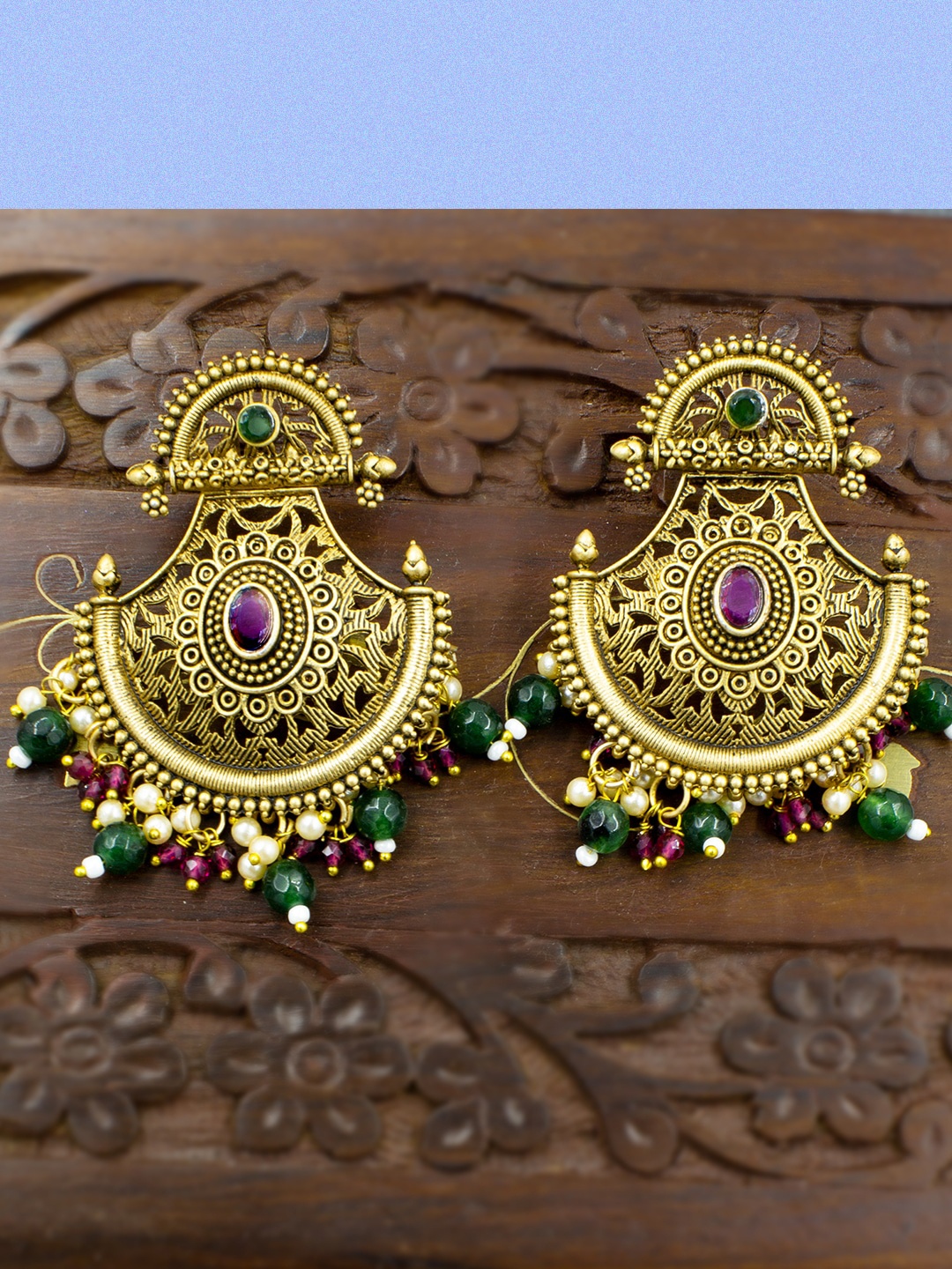 

PRIVIU Gold-Plated Crescent Shaped Beaded Drop Earrings