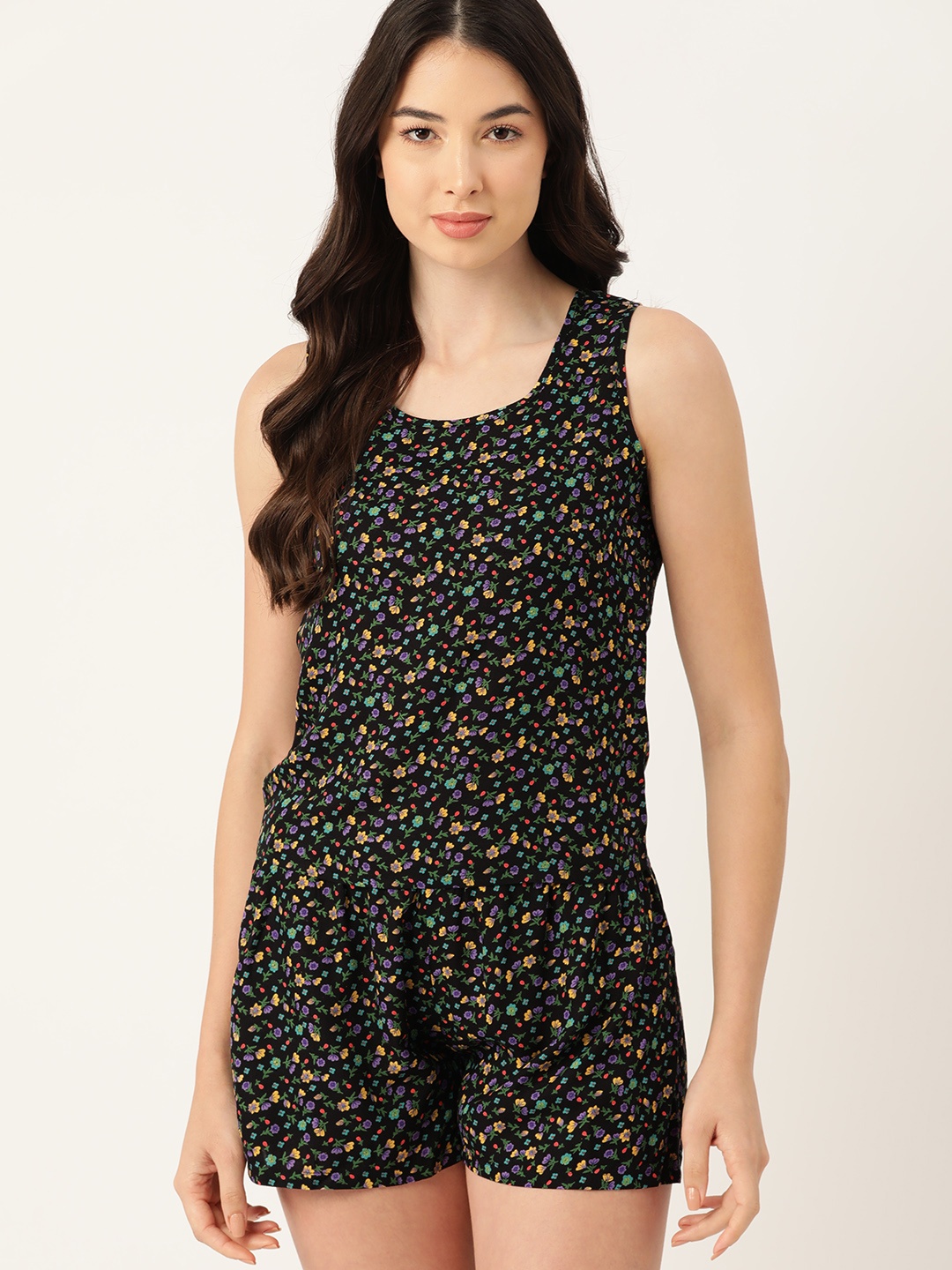 

ETC Women Floral Printed Night Suit, Black