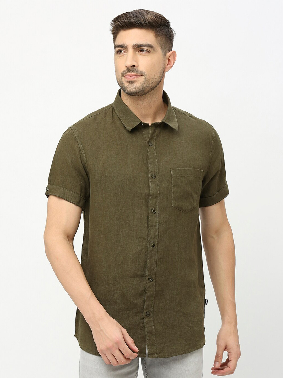 

SPYKAR Spread Collar Linen Casual Shirt, Green