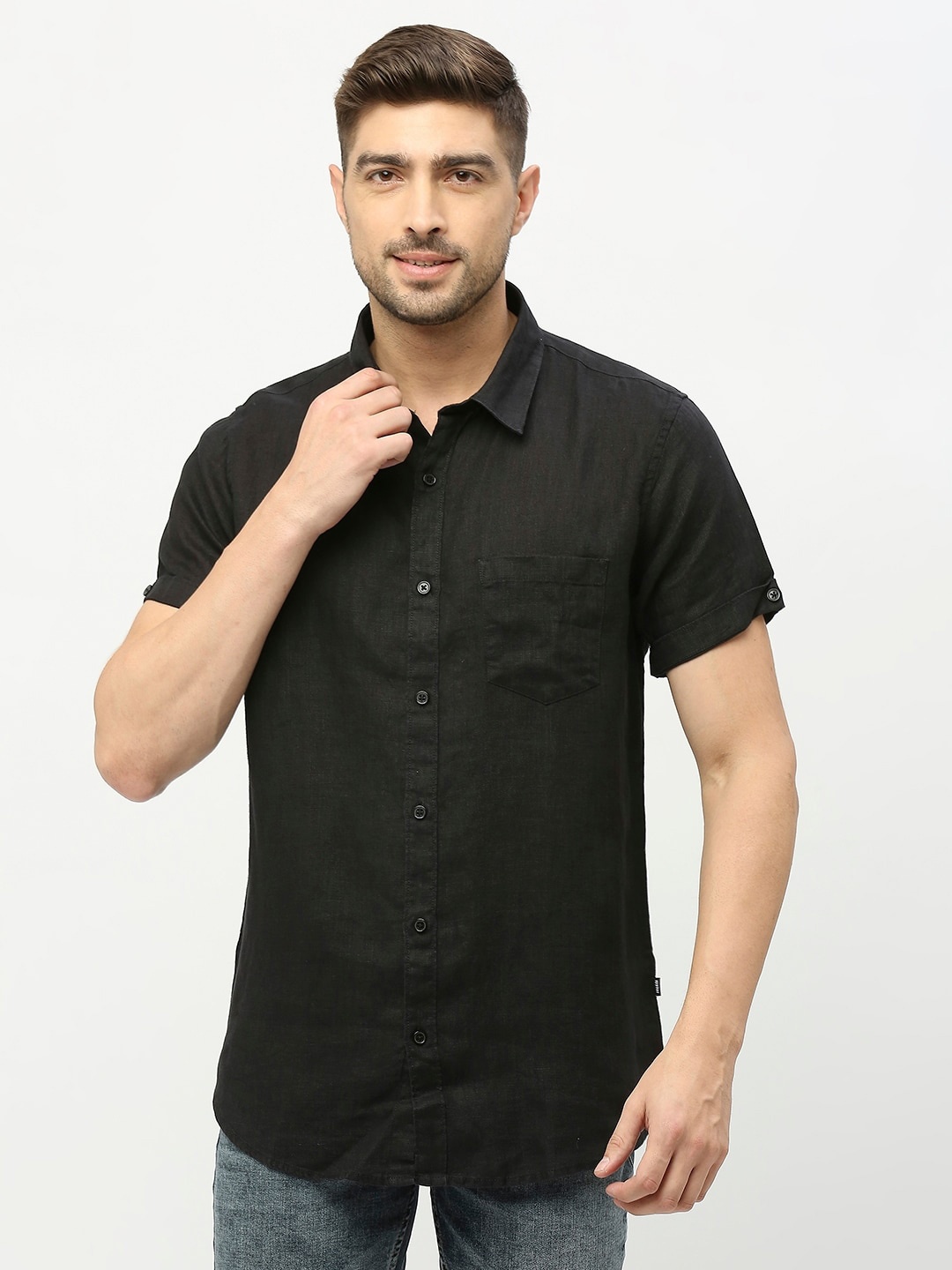 

SPYKAR Spread Collar Linen Casual Shirt, Black