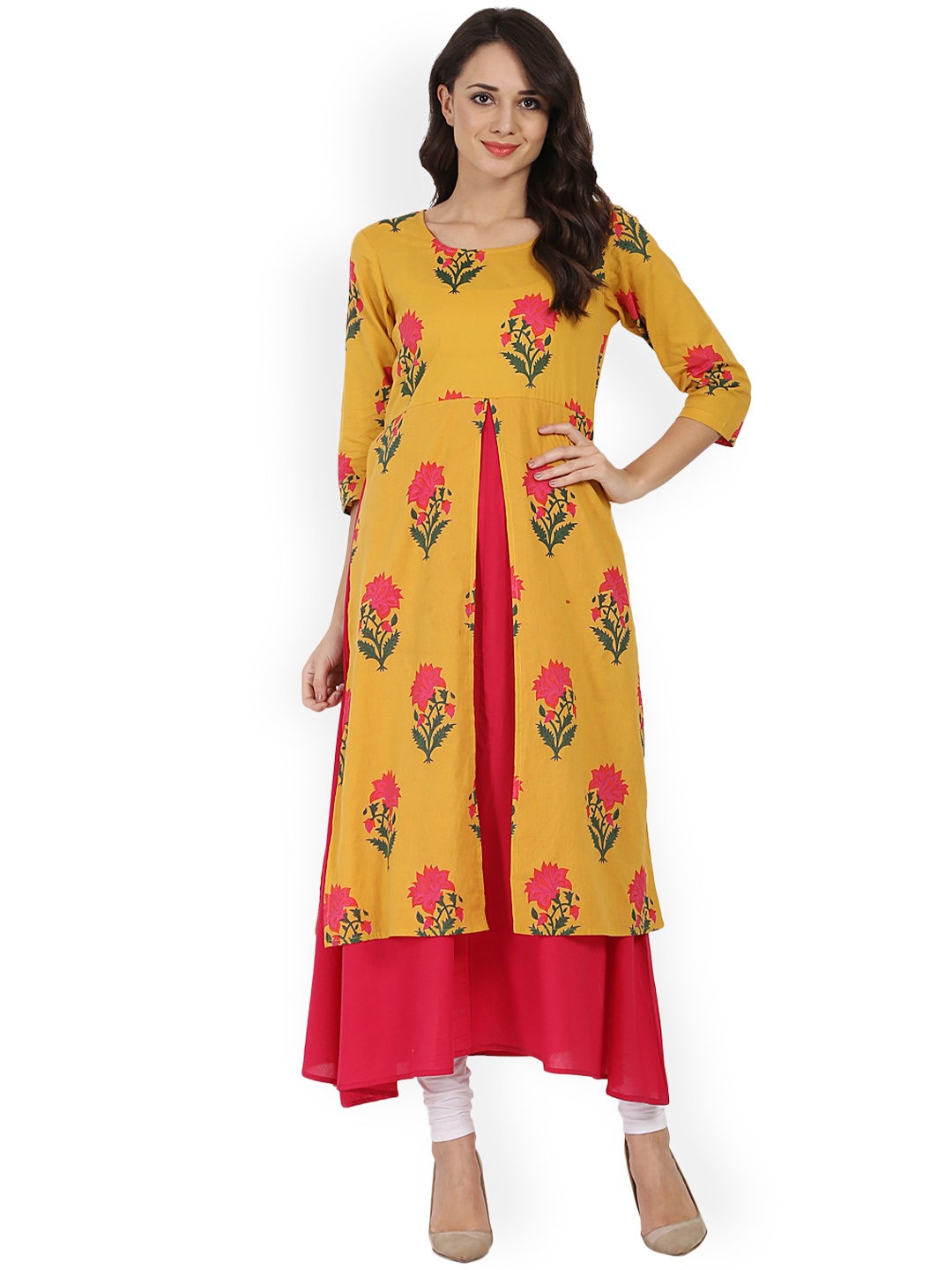 

Nayo Mustard & Pink Printed Layered A-Line Kurta