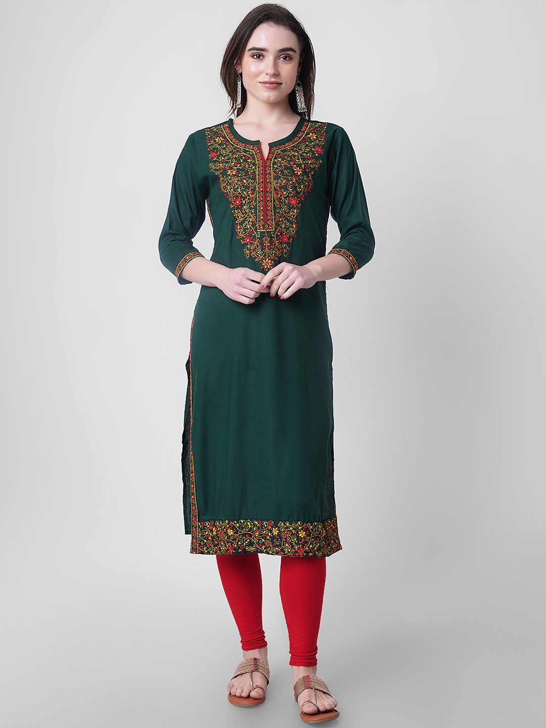 

KALINI Floral Yoke Design Thread Work Kurta, Green
