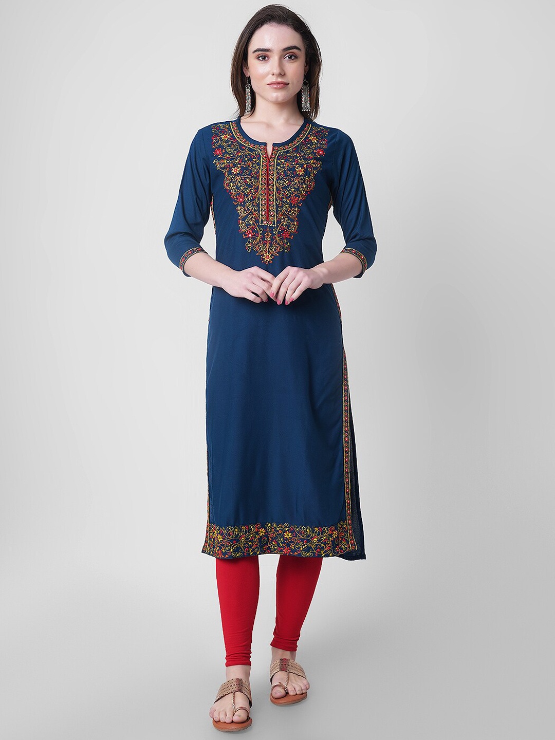 

KALINI Floral Embroidered Mirror Work Straight Kurta, Blue