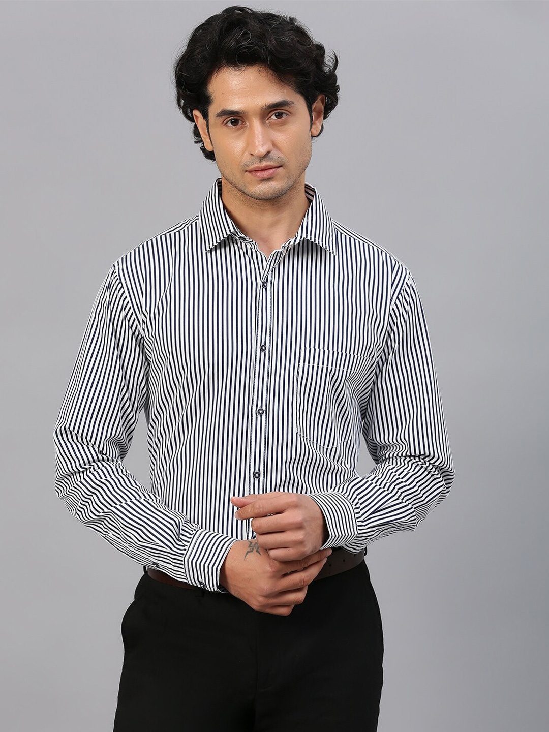 

FTX Men Standard Striped Spread Collar Pure Cotton Formal Shirt, White