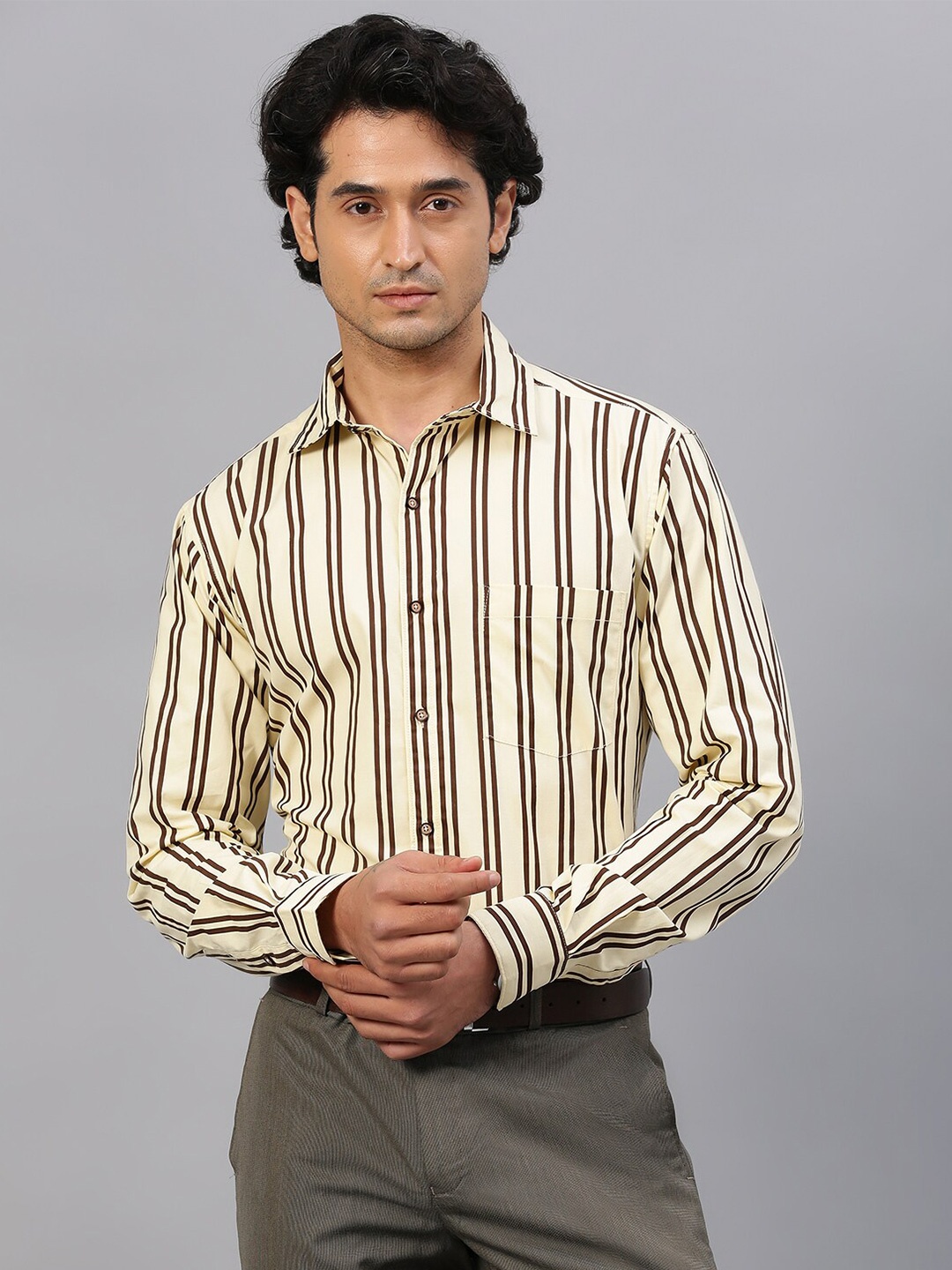 

FTX Men Standard Striped Spread Collar Pure Cotton Formal Shirt, Cream