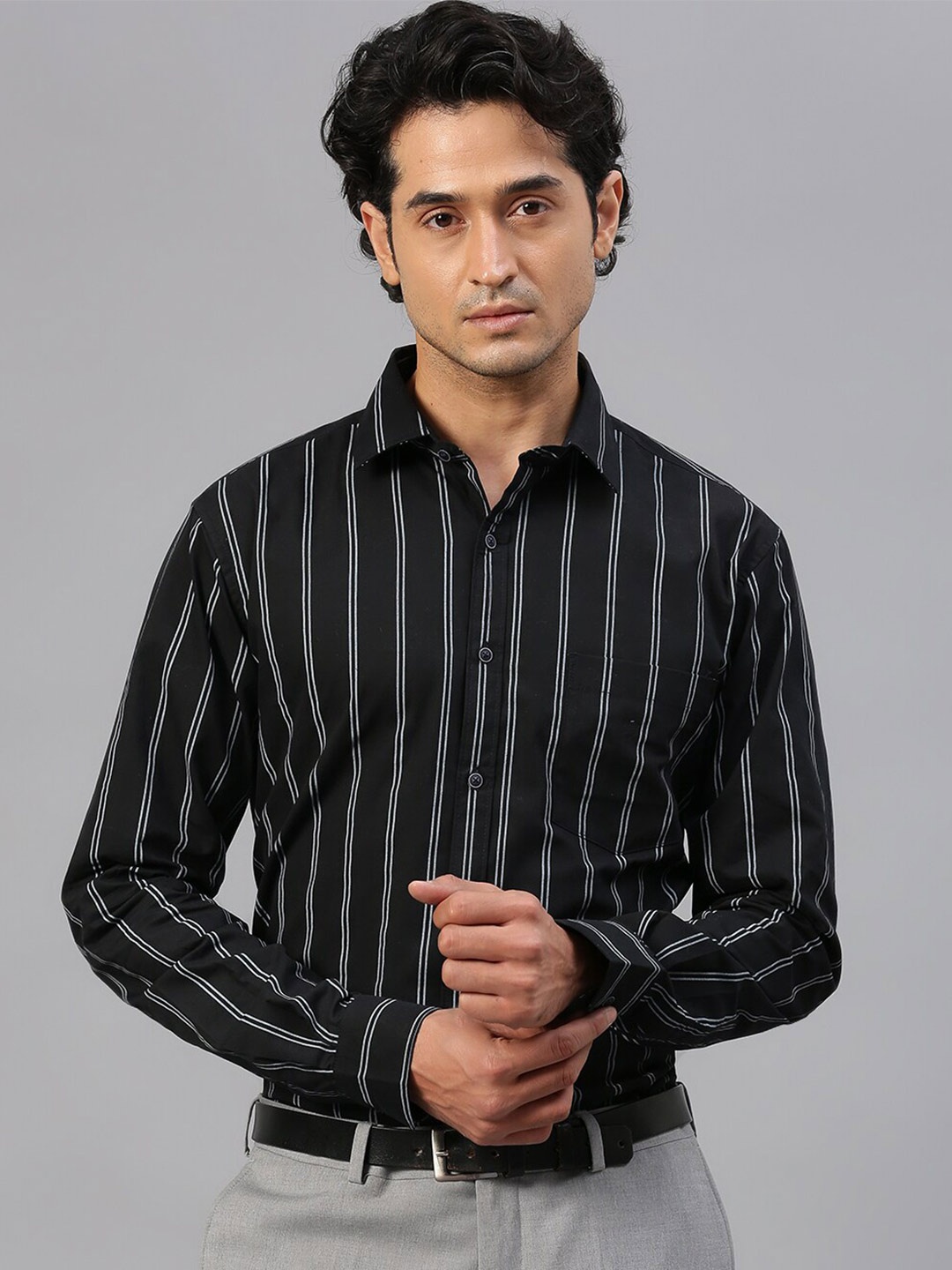 

FTX Standard Fit Striped Pure Cotton Formal Shirt, Black