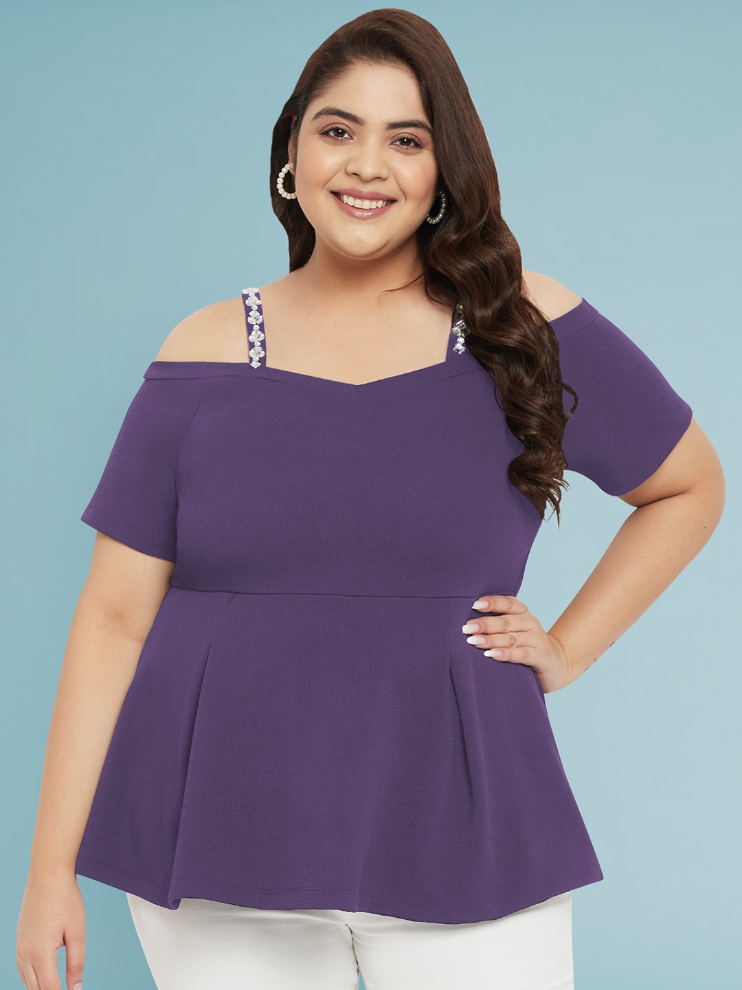 

wild U Plus Size Shoulder Straps Peplum Top, Purple