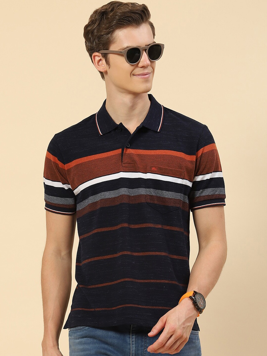 

Monte Carlo Striped Chest Pocket Polo Collar T-shirt, Navy blue