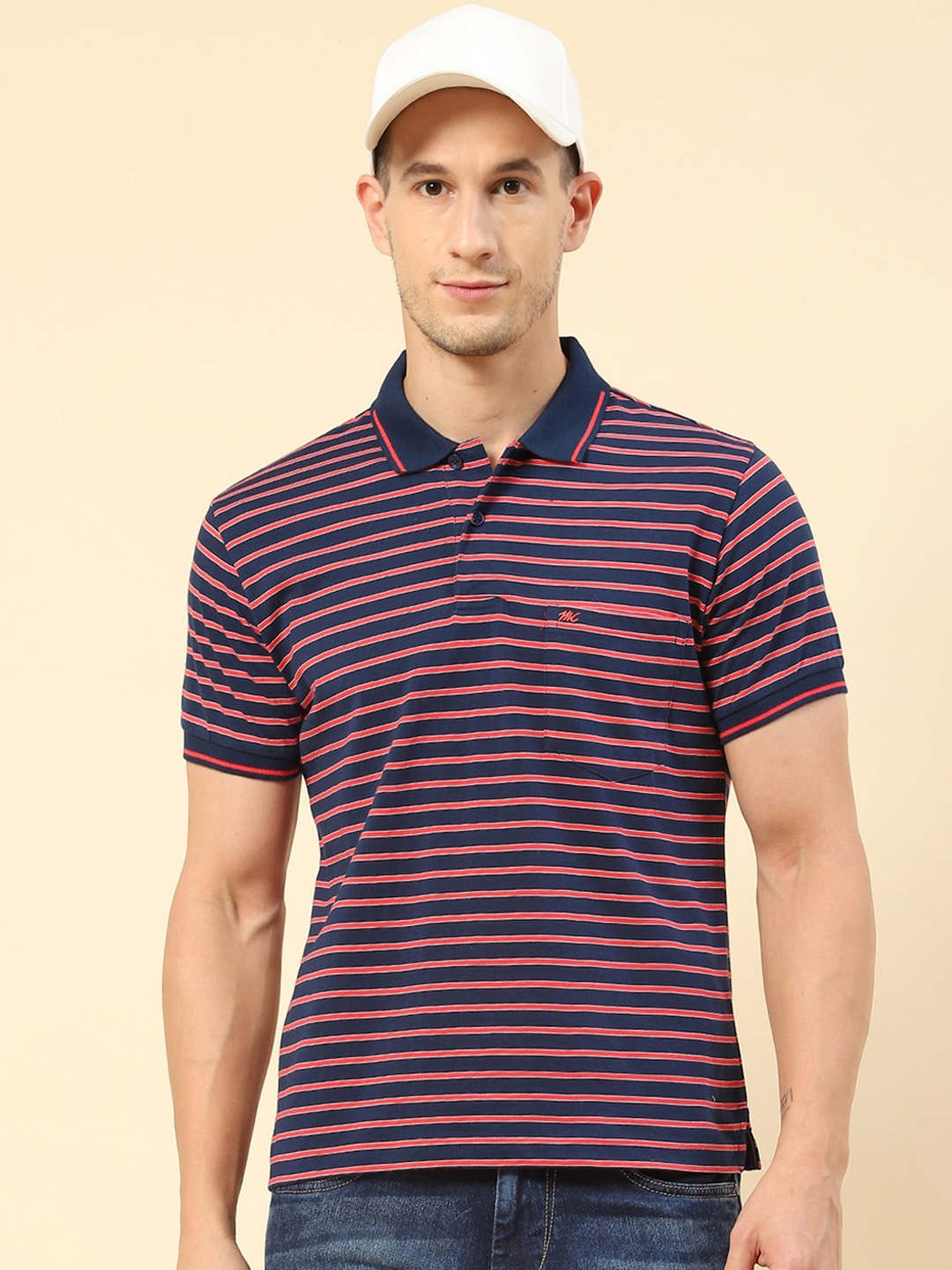 

Monte Carlo Striped Chest Pocket Polo Collar T-shirt, Navy blue