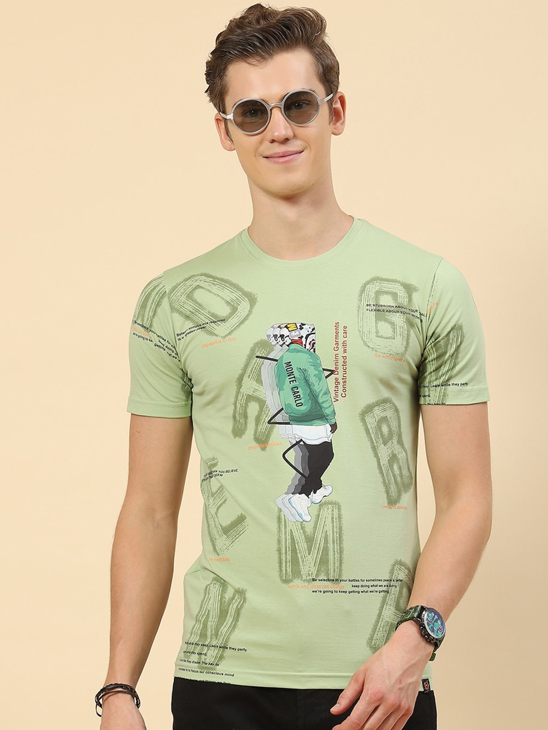 

Monte Carlo Round Neck Graphic Printed T-shirt, Green