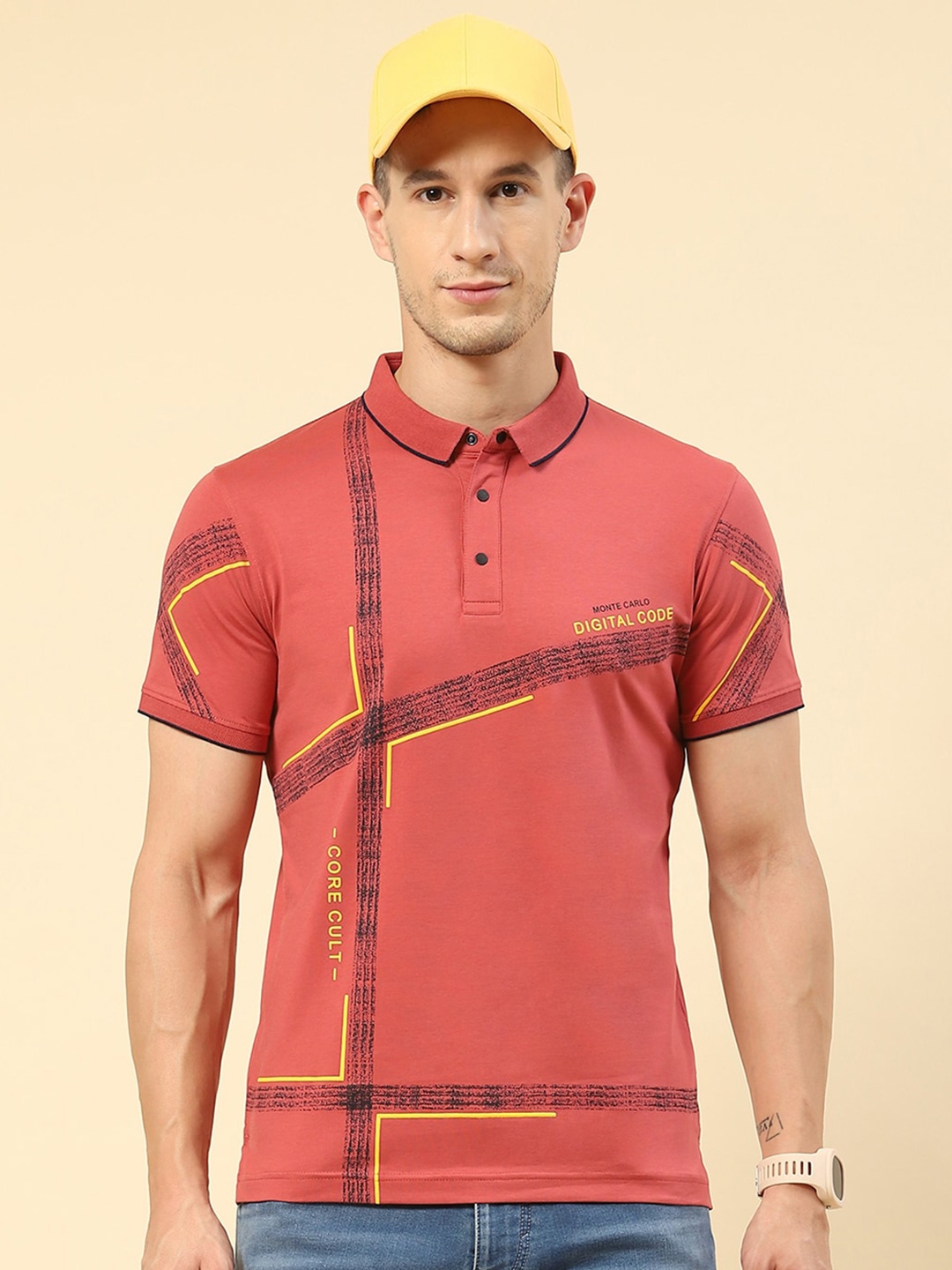 

Monte Carlo Full Front Abstract Printed Polo Collar T-shirt, Peach