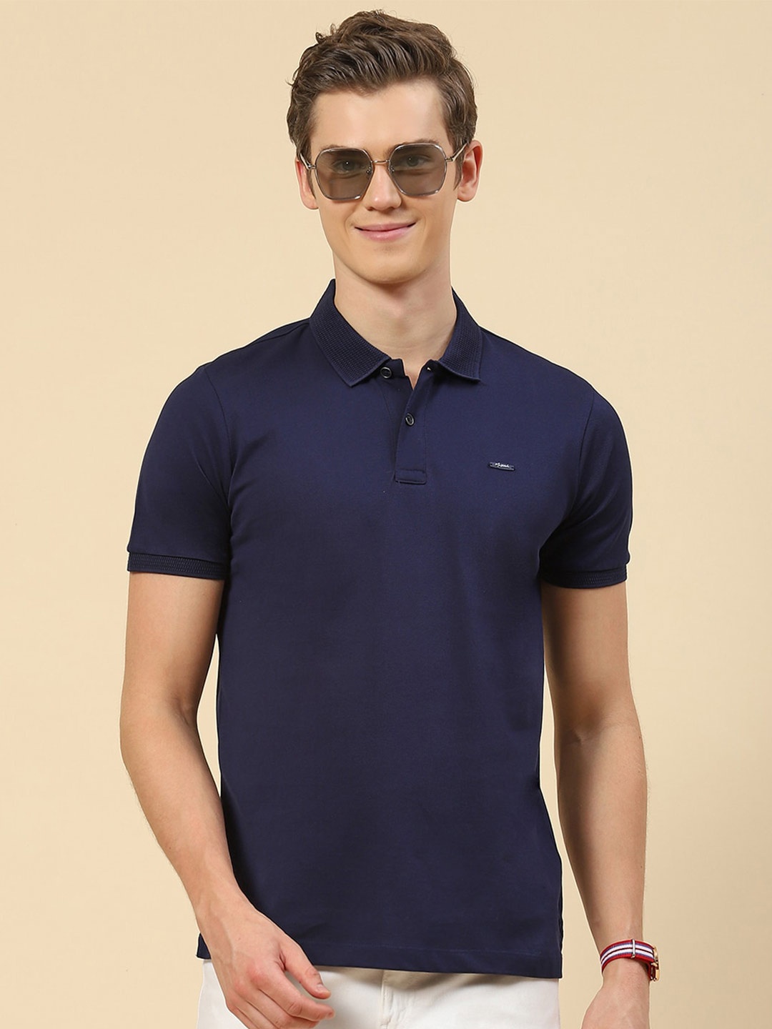 

Monte Carlo Polo Collar Knitted Cotton T-Shirt, Navy blue