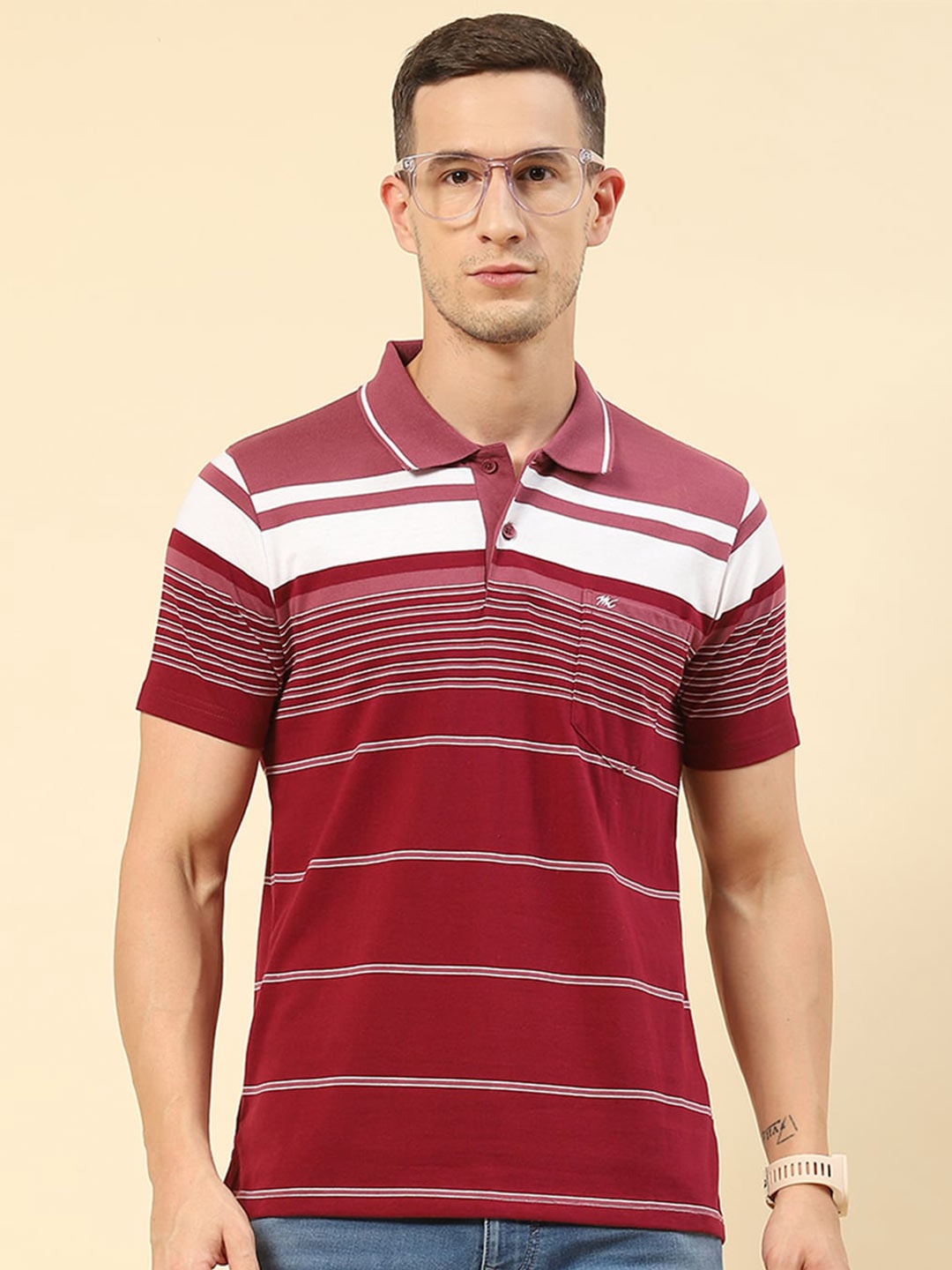 

Monte Carlo Chest Pocket Striped Polo Collar T-shirt, Maroon