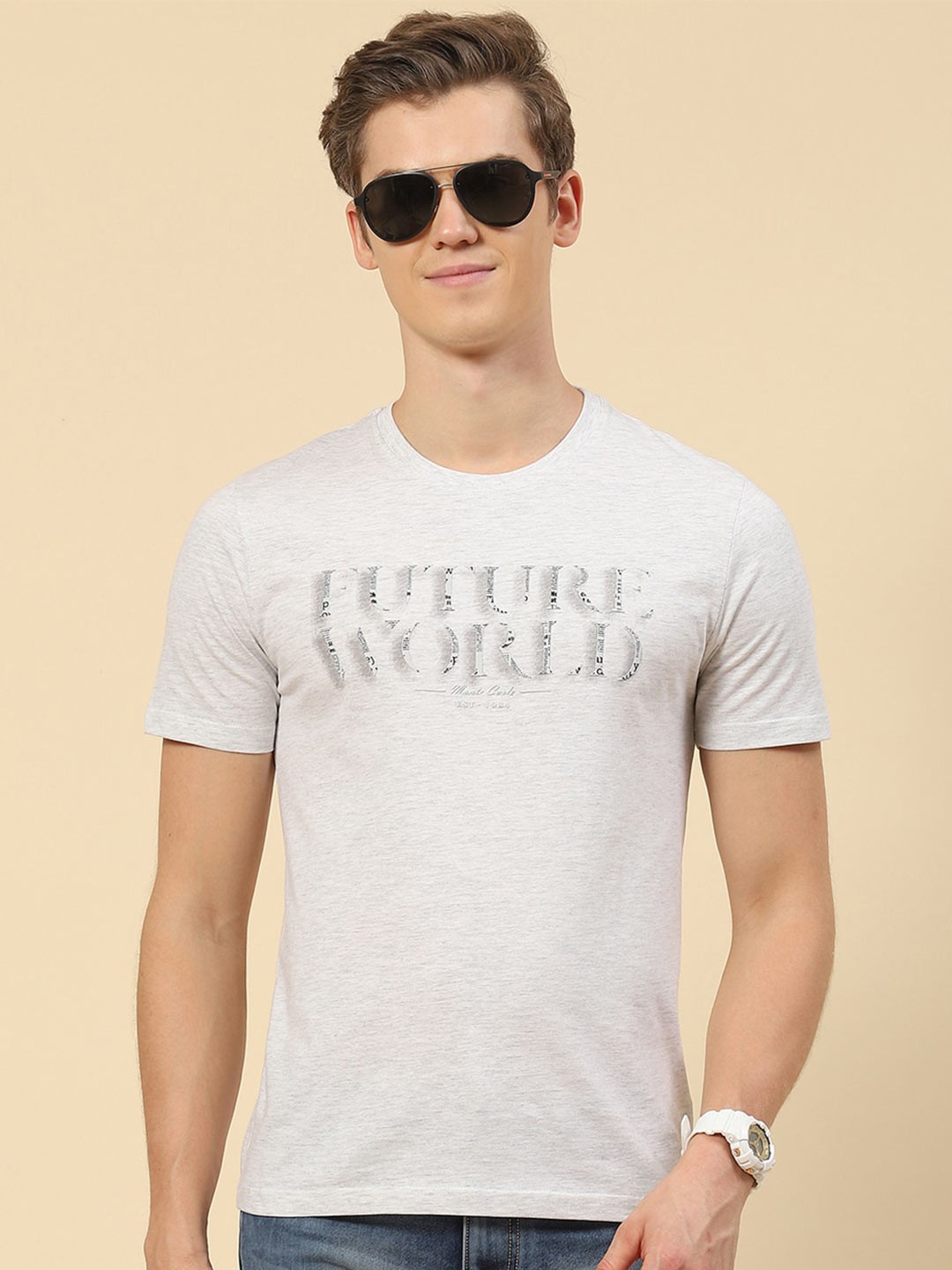 Monte Carlo Round Neck Typography Printed T-shirt, Off white