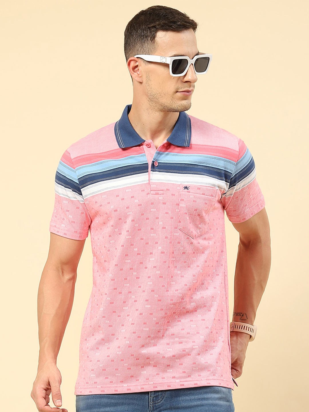 

Monte Carlo Striped Polo Collar T-shirt, Pink