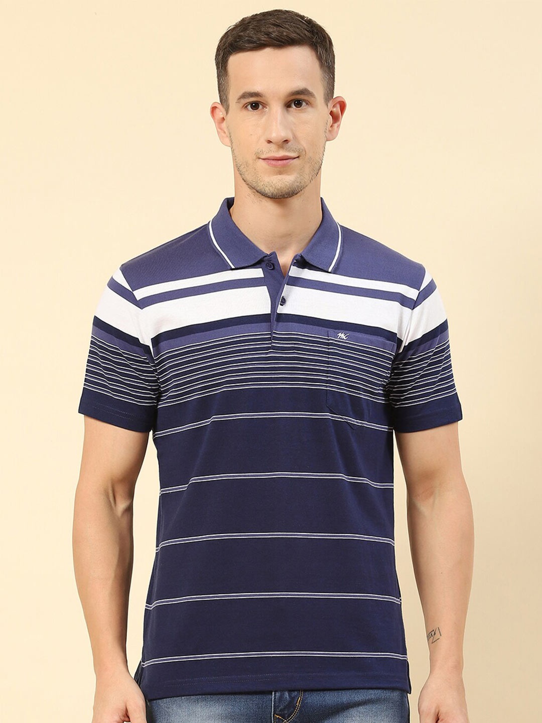 

Monte Carlo Striped Polo Collar T-shirt, Navy blue