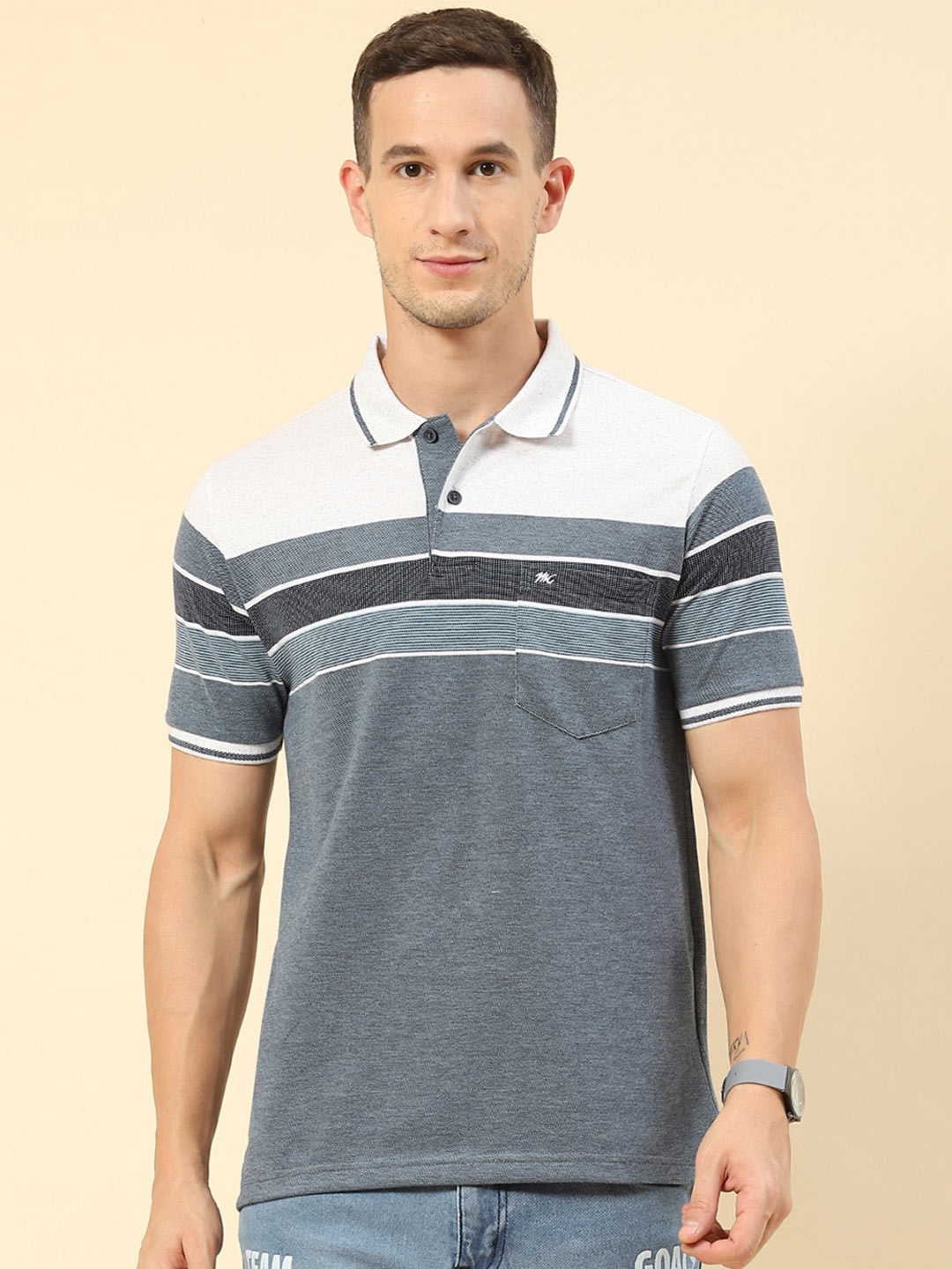 

Monte Carlo Striped Polo Collar T-shirt, Grey