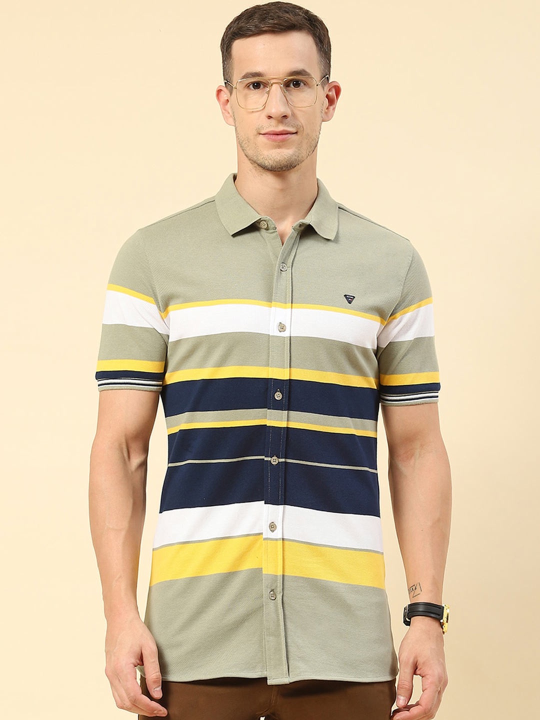 

Monte Carlo Classic Fit Horizontal Striped Cotton Casual Shirt, Green