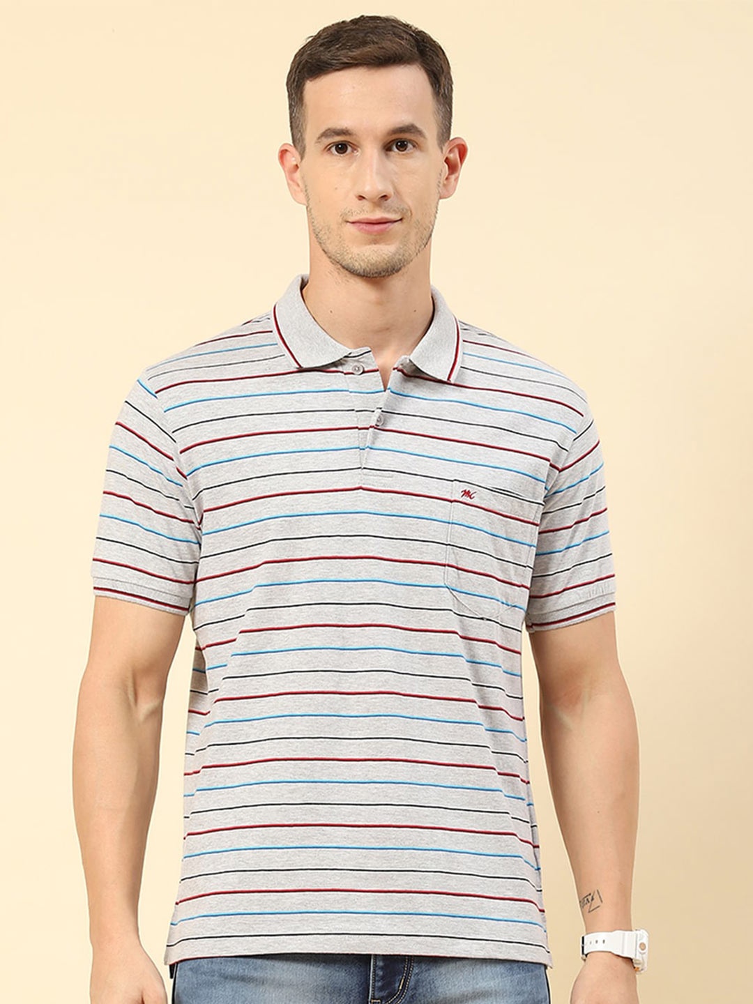 

Monte Carlo Striped Polo Collar Pockets T-shirt, Grey