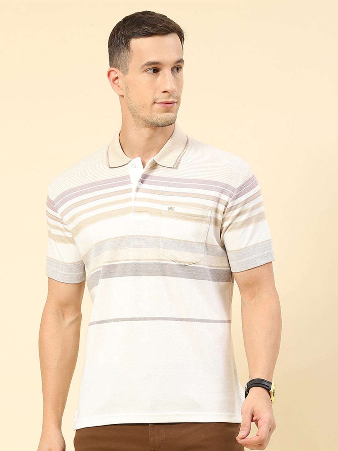 

Monte Carlo Striped Polo Collar Pockets T-shirt, Cream