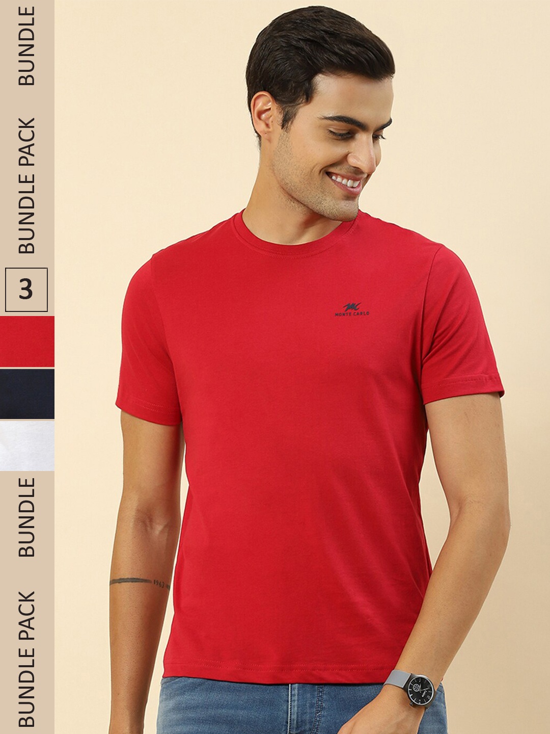 

Monte Carlo Pack Of 3 Round Neck Pure Cotton T-Shirt, Red