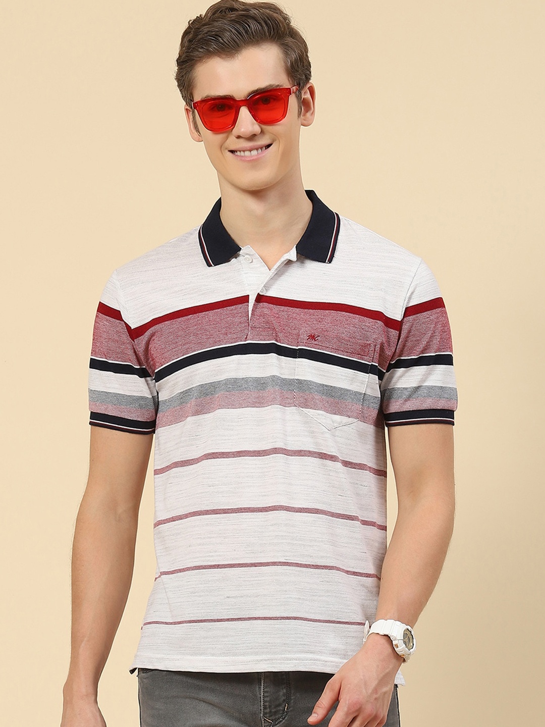 

Monte Carlo Striped Polo Collar Regular Fit T-shirt, Off white