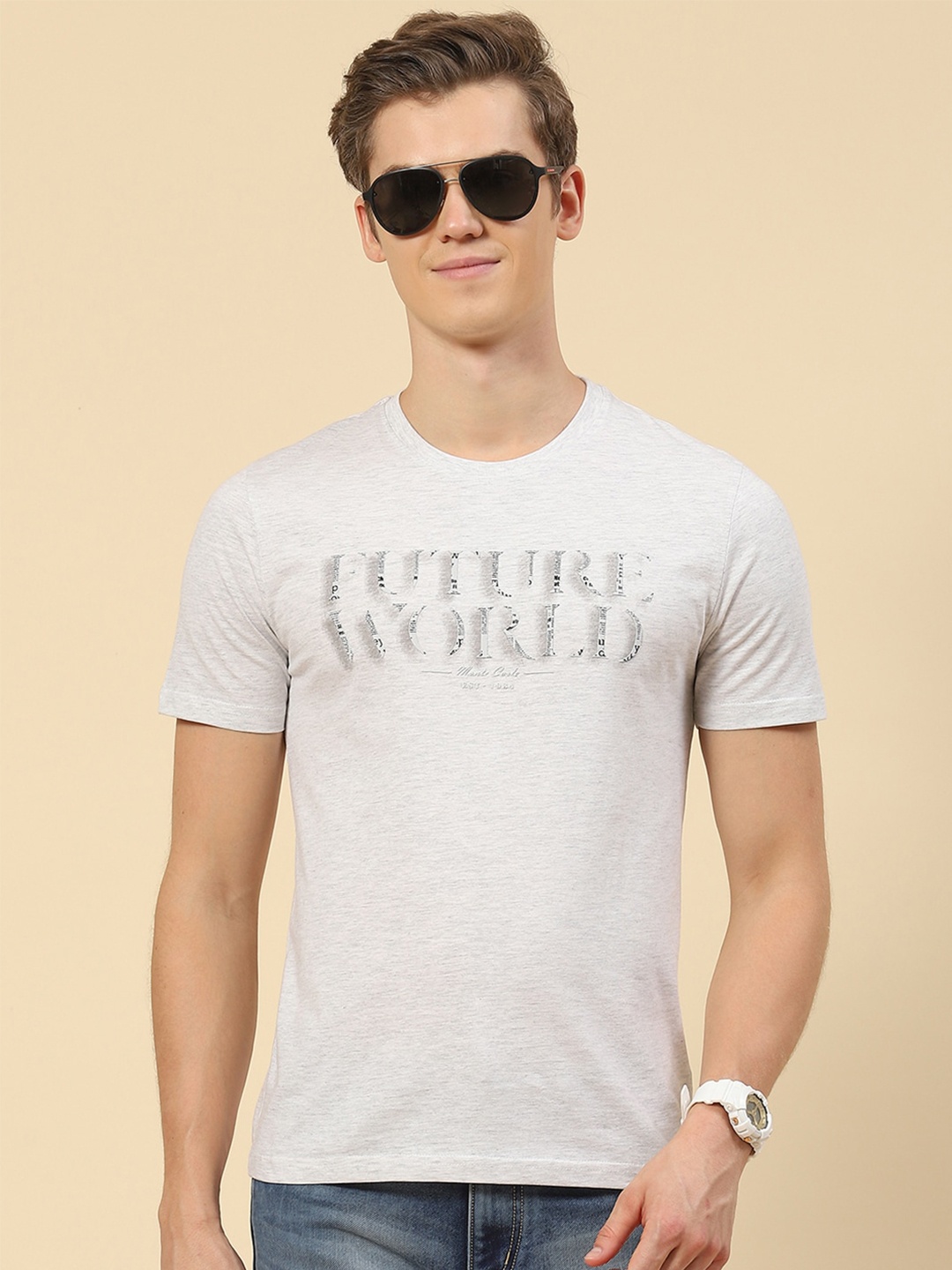 

Monte Carlo Typography Printed Round Neck T-shirt, Grey melange