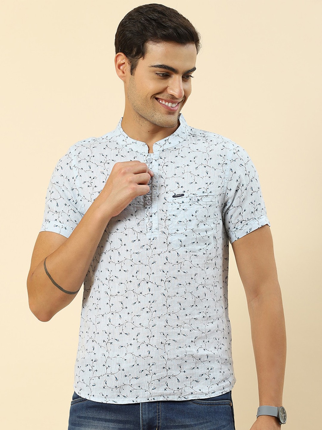 

Monte Carlo Floral Printed Mandarin Collar T-shirt, Blue