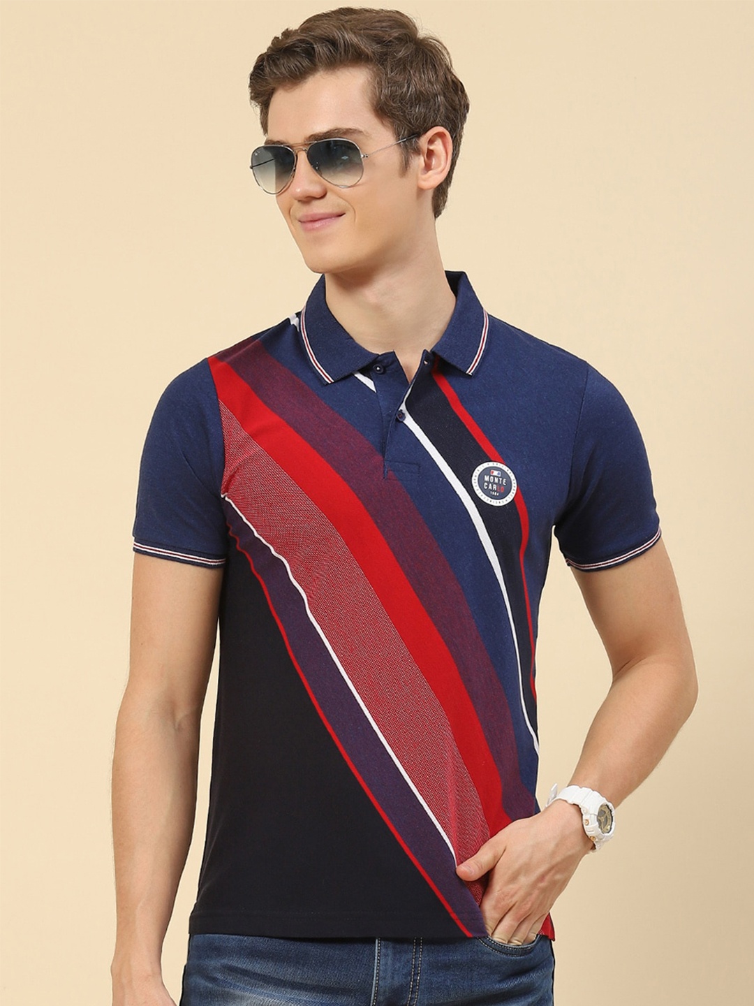 

Monte Carlo Striped Polo Collar T-shirt, Blue